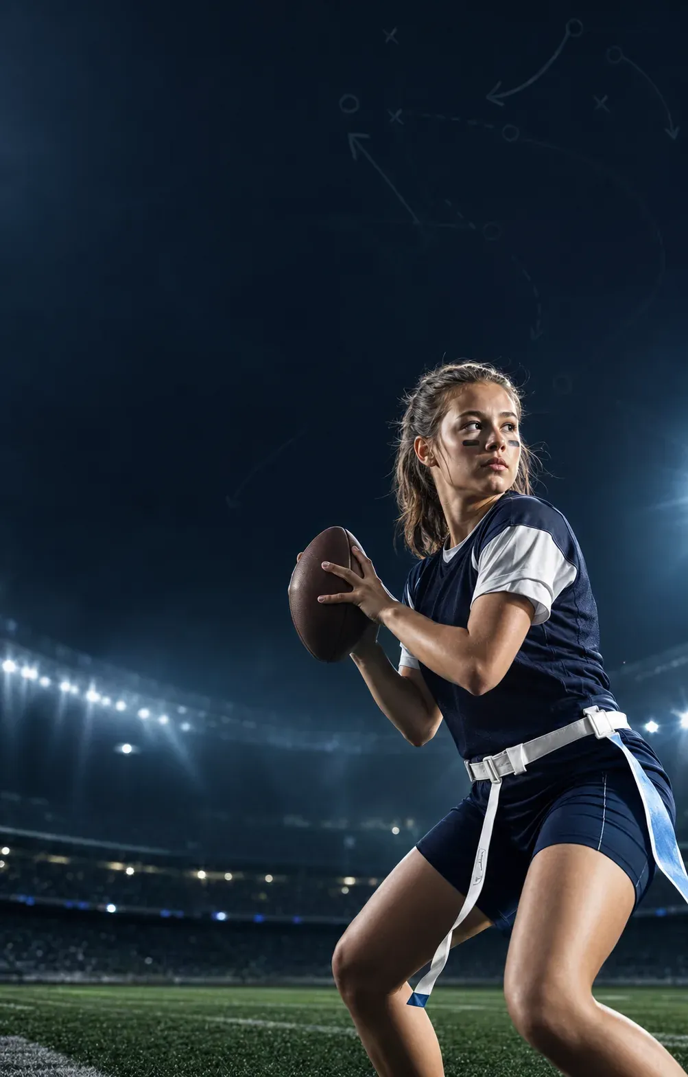 High school girls flag football athlete in action under stadium lights