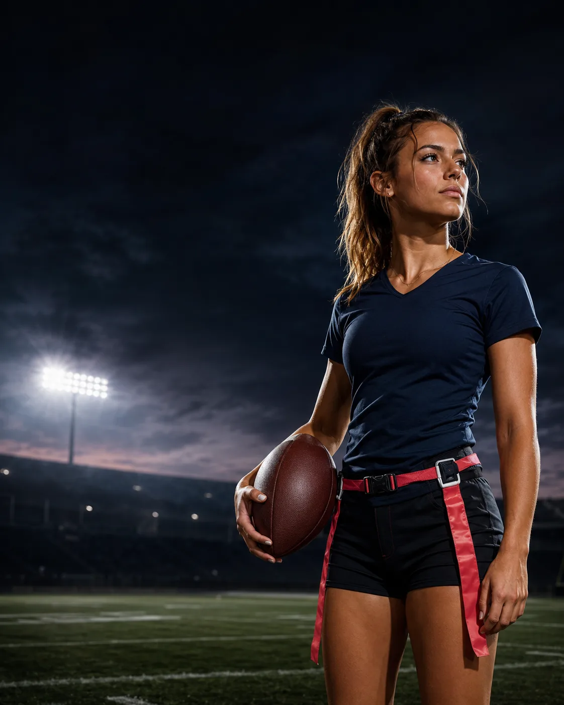 High school flag football athlete holding a football under stadium lights