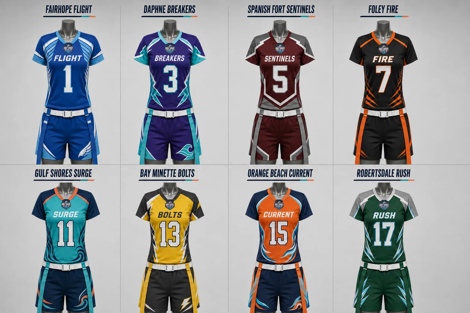 Uniform kits for all eight Gulf Coast Girls Flag Football teams